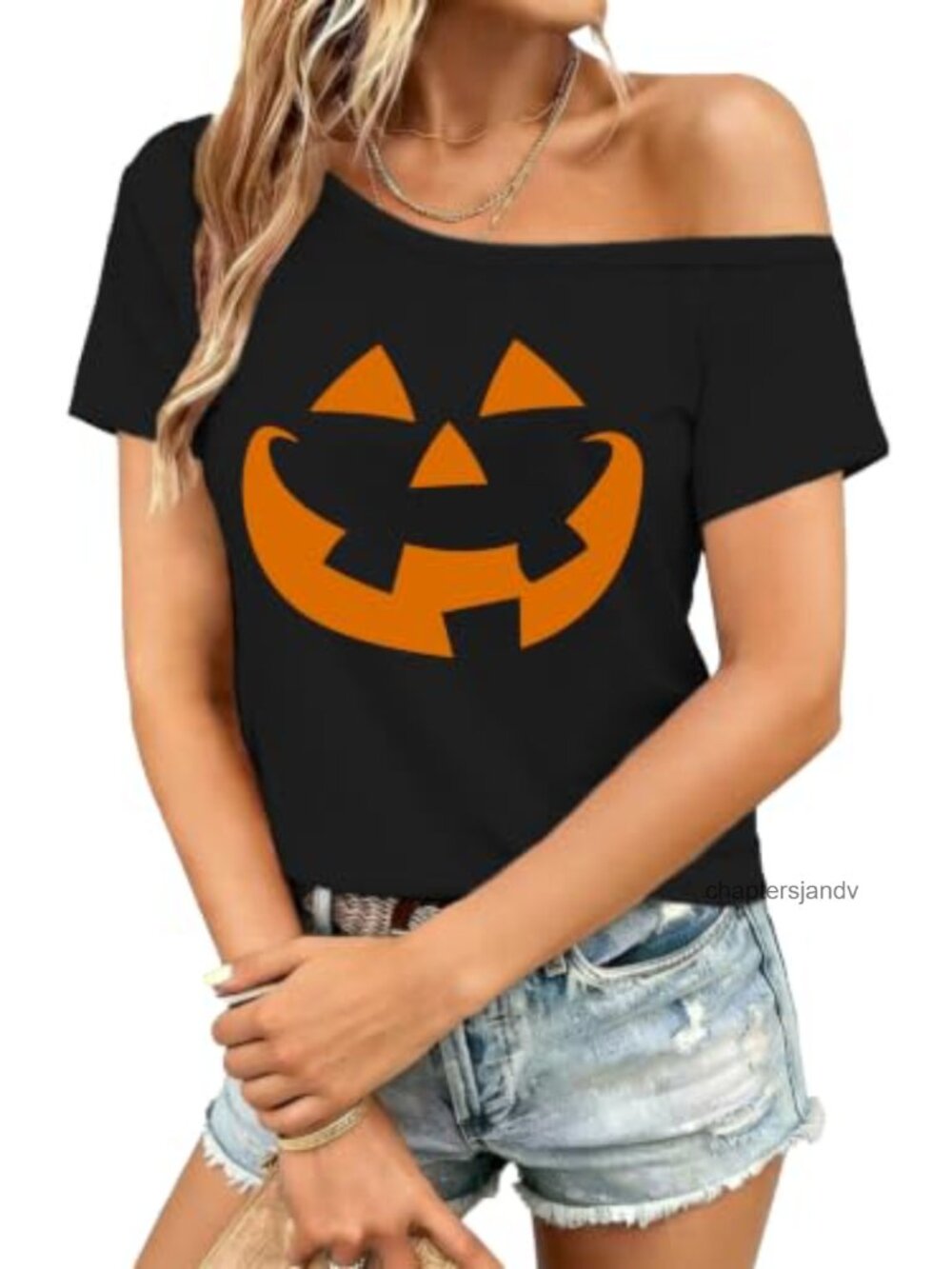 Womens Halloween Off Shoulder Jack O Lantern Crop Top Tee